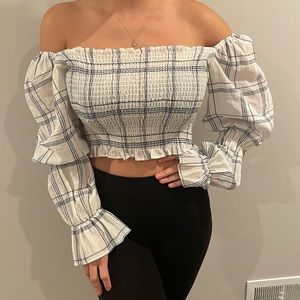 Zara off shoulder blue and white long sleeve plaid crop top size small